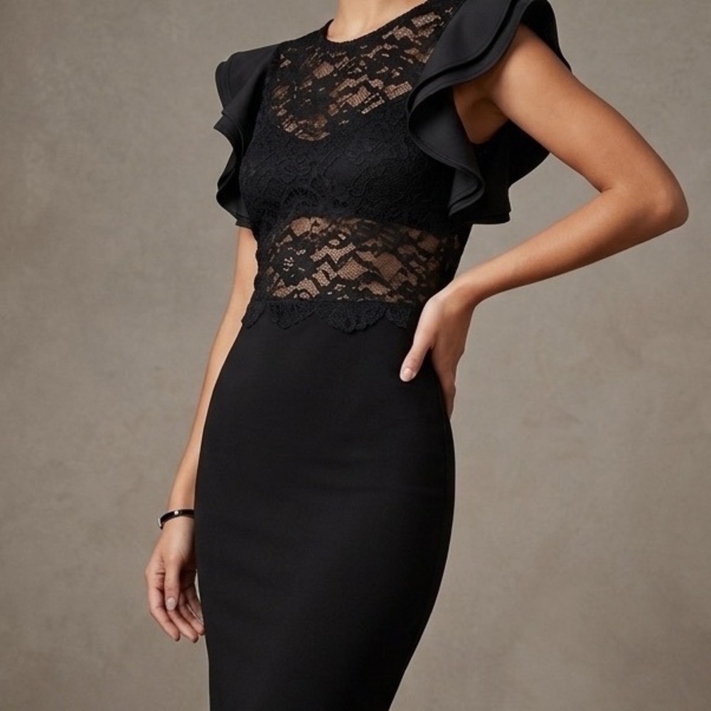 Coquette Lace Ruffle Dress Women L Black Goth Sheer Whimsigoth Fairy